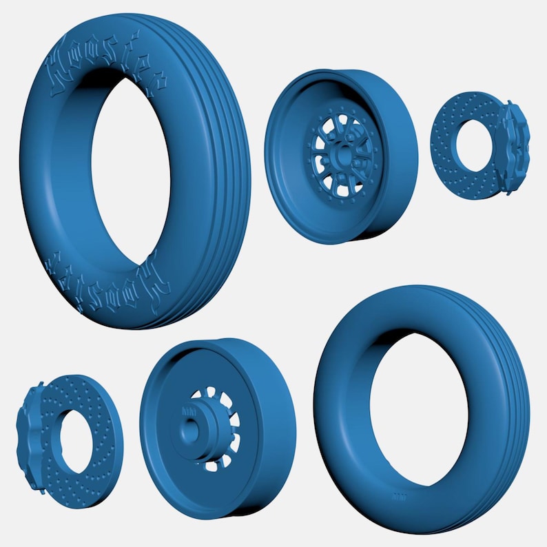 May include: A set of five blue car wheels, including a tire, a rim, a brake rotor, and two different styles of rims.