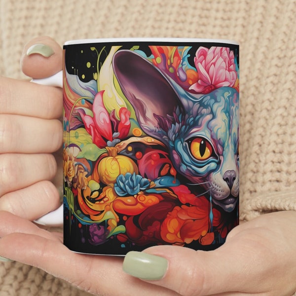 Colorful Sphynx Cat Coffee Mug | 11oz Tea Cup | Mug for Cat Lovers | Gift for a Cat Owner | Colorful Art Painting | Sphinx Cat Mug Gift