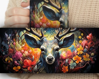 Floral Coffee Mug Deer Design Gift Coffee Cup Floral Colorful Design Focusing on a Buck Ceramic Coffee Mug 11oz Graphic Design of a Reindeer