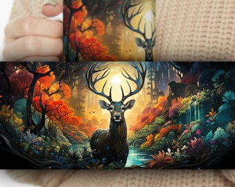Deer Coffee Mug Bambii Style Painting Mug Doe Tea Cup Gift Stag Mug Gift Deer In the Forest Design Flowers Colorful Deer Coffee Mug Buck