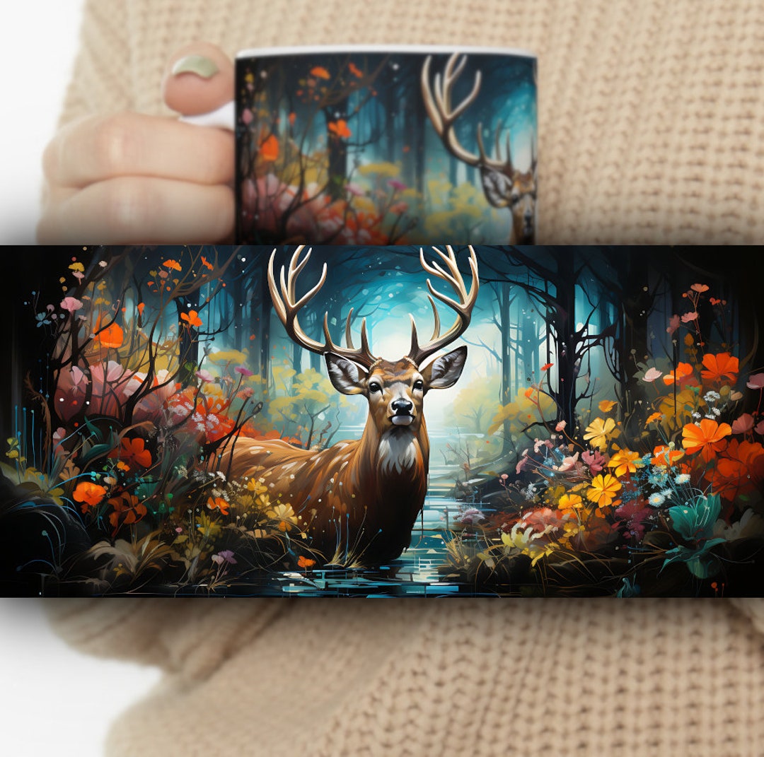 Colorful Deer Mug Coffe Cup Deer Lover Design Floral Design Tea Cup ...