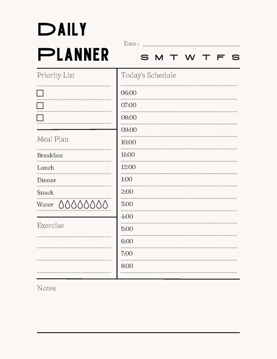 Minimalist Printable Daily Planner, Printable Agenda, Daily Planner, Daily Tracker, Routine Template, Hourly planner....get organized!
