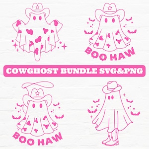 Peut inclure: Quatre dessins au trait roses de fantômes de vache portant des chapeaux de cow-boy. Les fantômes portent des imprimés de vache et ont le texte "Boo Haw" écrit en dessous. Le texte "Cowghost Bundle SVG&PNG" est écrit dans une bannière rose en haut.