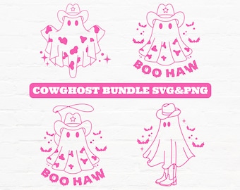 Puede incluir: Cuatro dibujos de línea rosa de fantasmas de vaca con sombreros de vaquero. Los fantasmas llevan estampado de vaca y tienen el texto "Boo Haw" escrito debajo. El texto "Cowghost Bundle SVG&PNG" está escrito en una pancarta rosa en la parte superior.