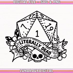 Buchstäblich Dead D&D D20 Würfel Png Design für Shirts, Taschen, Tassen, Hoodies, Aufkleber, Auto Aufkleber, Critical Fail D20 Würfel, Retro RPG Spiel Würfel