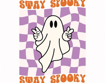 May include: A white ghost with two peace signs, on a purple and white checkered background. The text "Stay Spooky" is written in orange letters above and below the ghost.