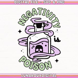 La negatividad es veneno png Diseño svg para camisas, bolsos, tazas, pegatinas, vasos de vidrio, vibraciones positivas svg, sé amable con tu mente png