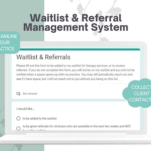 Puede incluir: Una pantalla de portátil muestra un formulario titulado "Lista de espera y referencias". El formulario incluye opciones para unirse a una lista de espera o solicitar referencias. El texto en la pantalla dice "Sistema de gestión de listas de espera y referencias".