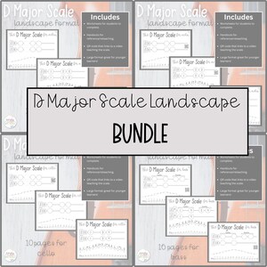 May include: A digital download bundle of printable D Major Scale worksheets for cello and bass. The worksheets are in landscape format and include a QR code that links to a video teaching the scale. The bundle includes 10 pages for cello and 16 pages for bass.