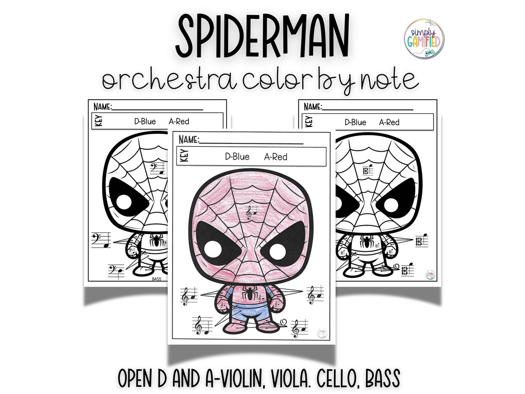 Spiderman Orchestra Open String Color by Note Print + Go Worksheets - Etsy