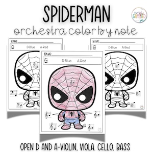 Può includere: Una pagina da colorare stampabile con un personaggio di cartone animato di Spiderman. La pagina è progettata per una lezione di orchestra e include note musicali da colorare per nota. La chiave è D-Blu e A-Rosso.