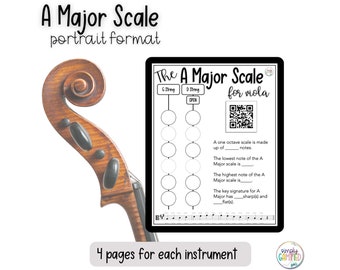 A Major Scale Worksheets (One Octave-Portrait) | violin, viola, cello, bass, string orchestra