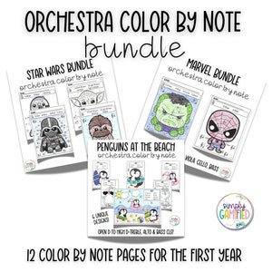 May include: A bundle of 12 printable orchestra color by note pages featuring Star Wars, Marvel, and penguin themes. The pages are designed for first-year orchestra students and include treble, alto, and bass clef.