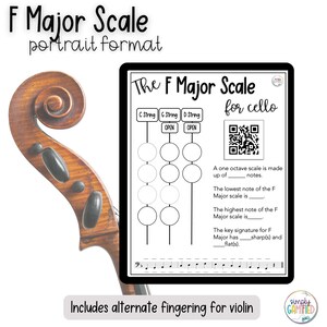 May include: A printable worksheet for learning the F Major scale on the cello. The worksheet includes a diagram of the cello strings, a QR code, and a staff with blank spaces for writing in the notes of the scale. The text "The F Major Scale for cello" is at the top of the worksheet.