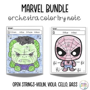 Könnte beinhalten: Zwei druckbare Malvorlagen mit den Marvel-Charakteren Hulk und Spiderman. Die Seiten sind für Orchester-Schüler zum Ausmalen nach Noten konzipiert. Der Schlüssel für jede Seite ist über dem Bild aufgeführt. Die Hulk-Seite hat die Noten E, A, D und G. Die Spiderman-Seite hat die Noten D und A.