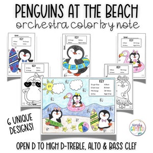 May include: Six printable penguin-themed coloring pages for orchestra students. Each page features a different penguin scene, such as a penguin surfing, a penguin wearing sunglasses, and a penguin on a flamingo float. The pages are color-by-note, with a key that corresponds to different musical notes.