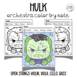 以下が含まれることがあります： ハルクの漫画キャラクターが描かれた、印刷可能な塗り絵ページ。ページはオーケストラで使用するために設計されており、音楽記号は異なる色に対応しています。ページの上部には「HULK orchestra color by note」というテキストがあります。ページの下部には「OPEN STRINGS-VIOLIN, VIOLA, CELLO, BASS」というテキストがあります。