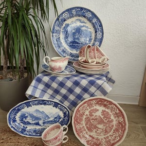 SALE Villeroy  Boch "Burgenland" Red & Blue | Vintage with Patina | Defective | Shabby Chic Decor | Plates, Cups, Platters I Saar