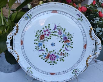 Stor Herend serveringsfat "Waldstein Multicolor" (WMC), handmålat, ungerskt lyxporslin, tårtfat med handtag