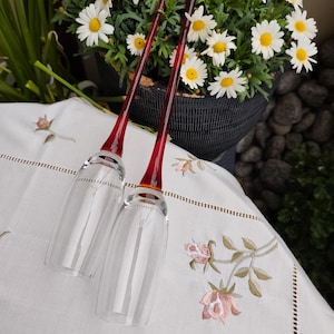Set di 2 flûte da champagne vintage in vetro, 36 cm, rosso/rosso rubino, con stelo lungo - fatte a mano