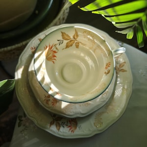 Könnte beinhalten: Ein Vintage-Tee-Set. Die elfenbeinfarbene Tasse und Untertasse weisen ein Blumendesign in Orange-, Braun- und Goldtönen auf. Das Set steht auf einer hellgrünen Tischdecke, mit Schatten durch Sonnenlicht.