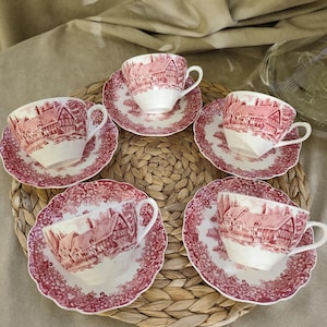 Vintage J. G. Meakin Teetassen & Untertassen | Rot | Landhausstil England | Rot Weiß Porzellan