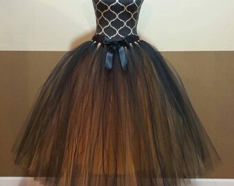 F06 Full length Adult tutu/ Black over Gold tutu/ Tulle costume, Women's floor length tutu skirt (Children to Adult tulle tutu)