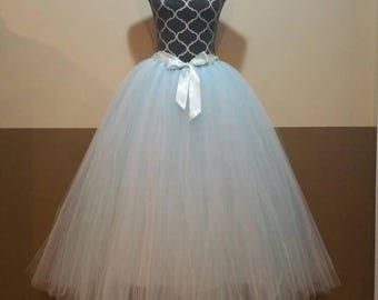 F05 Full length Adult tutu/ Blue over white tutu/ Cinderella tulle costume, Women's floor length tutu skirt
