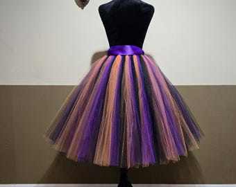 F28 Black purple orange costume/ Full length Witch tutu/ Witch tulle costume/ Halloween tulle costume, Women's floor length tutu skirt