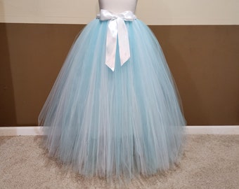 F16 Tutù lungo per adulti/Tutù blu e bianco/Costume in tulle da Cenerentola, Gonna in tulle lunga fino al pavimento da donna (Tutù in tulle per bambini e adulti)