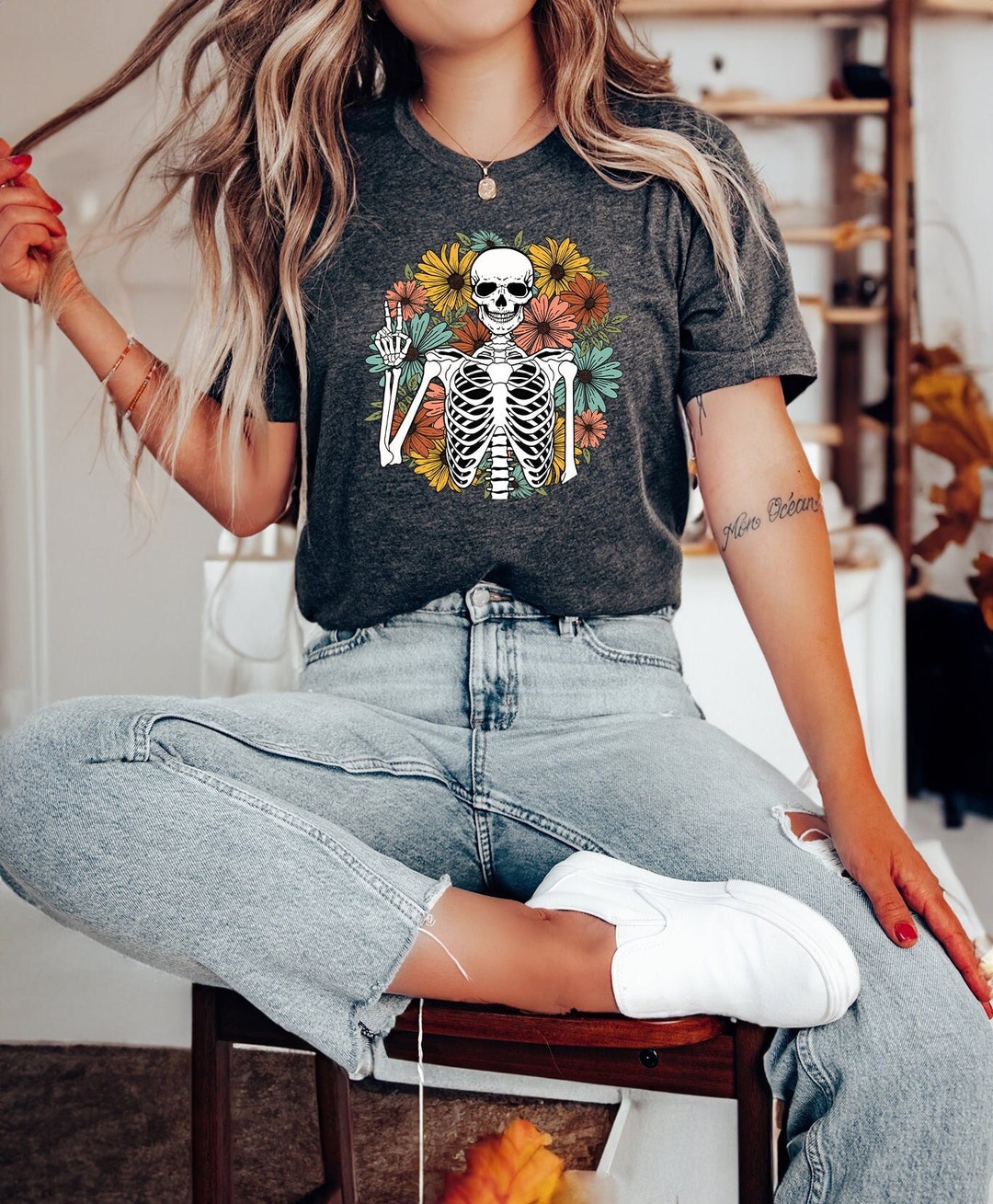 Skeleton Shirt Boho Floral Skeleton Shirt Goblincore Graphic - Etsy