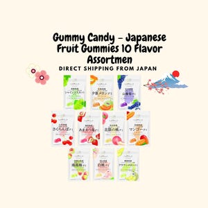 May include: A selection of Japanese fruit gummies in individual packets. The image displays text that reads "Gummy Candy - Japanese Fruit Gummies 10 Flavour Assortment" and "Direct Shipping From Japan."