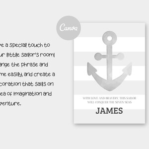 Póster habitación infantil de temática náutica personalizable. Póster infantil náutico editable en canva en color gris y blanco. Póster personalizable. Niños