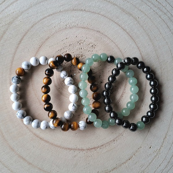 Bracelets "Toi & Moi" pierres naturelles, acier inoxydable, cadeau, amour, st valentin, howlite, oeil de tigre, aventurine, hematite, couple