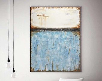 May include: Abstract painting with a horizontal line dividing a white top section with brown accents and a blue bottom section with brown accents.