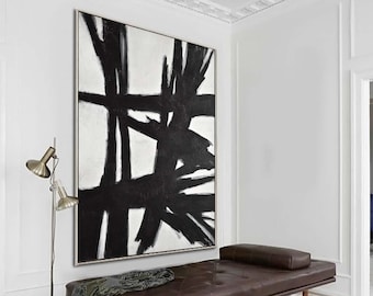 Abstract Expressionism, XL Vertical Black & White Painting, Kline Style Artwork, Monochrome Abstract Artwork, Design, Bold Painting