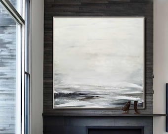 May include: Abstract painting with a white background and grey and black horizontal lines. The painting is hanging above a fireplace in a modern living room.