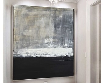 May include: Large abstract painting with a silver frame. The artwork features a textured surface with a color palette of gray, white, and black. The painting is divided into three horizontal sections.