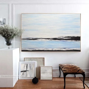 Blue White Seascape Wall Art, Horizontal Painting Handmade In U.S.A., Original Cool Blue Landscape Abstract, Impressionist Wall Decor