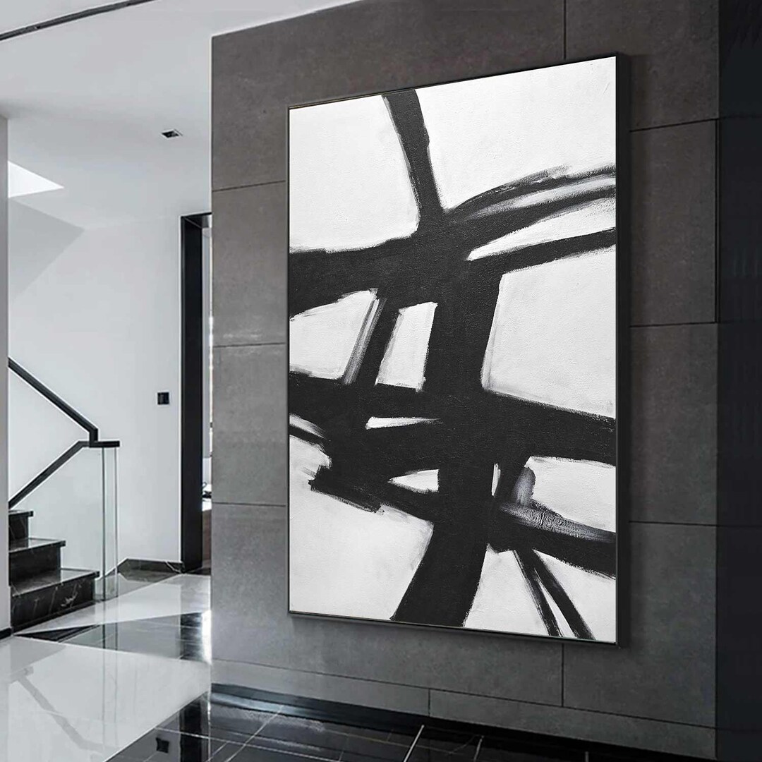 Large Vertical Black and White Abstract Expressionist Wall Art, Mid ...