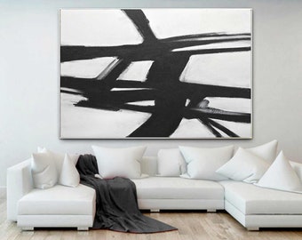 May include: Abstract black and white painting with bold brushstrokes on a white canvas. The painting features a series of intersecting lines and shapes, creating a dynamic and modern design.