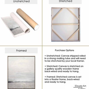 May include: A comparison of three ways to display a canvas print: unstretched, stretched on a wooden frame, and framed in a floater frame. The text "Unstretched", "Stretched", "Framed", and "Purchase Options" is visible in the image. The text under "Purchase Options" describes the different options for displaying the canvas print.