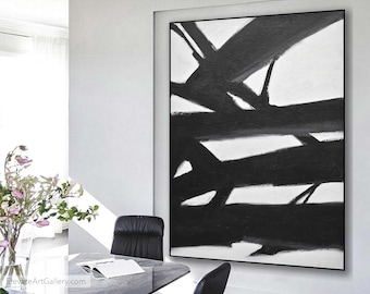 May include: Abstract black and white painting with bold, thick brushstrokes. The painting features a series of intersecting lines and shapes, creating a dynamic and modern composition.