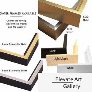 May include: A selection of floater frames for artwork, including black and metallic gold, black and metallic silver, solid silver, solid gold, light maple, and white. The frames are shown in close-up, highlighting the different finishes and styles. The text "Elevate Art Gallery" is also visible in the image.