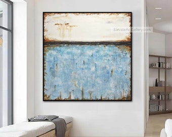 May include: Abstract oil painting on canvas, featuring a square format with a black frame. The artwork is divided into three horizontal sections: a white upper portion, a dark brown band, and a light blue lower section. The painting has a textured appearance.