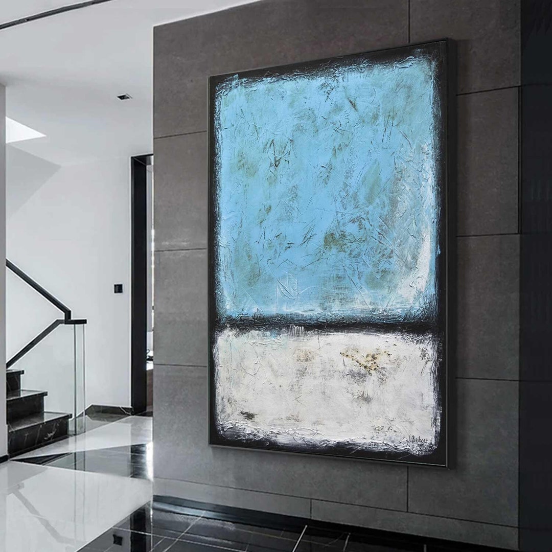 Original Blue White Abstract Wall Art, Mid Century Style Expressionism