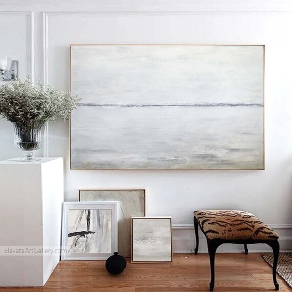 Light Minimalist Landscape Painting, Original Large Abstract Wall Art, Calming Horizon Minimal Painting, White, Beige, Gray Modern Design