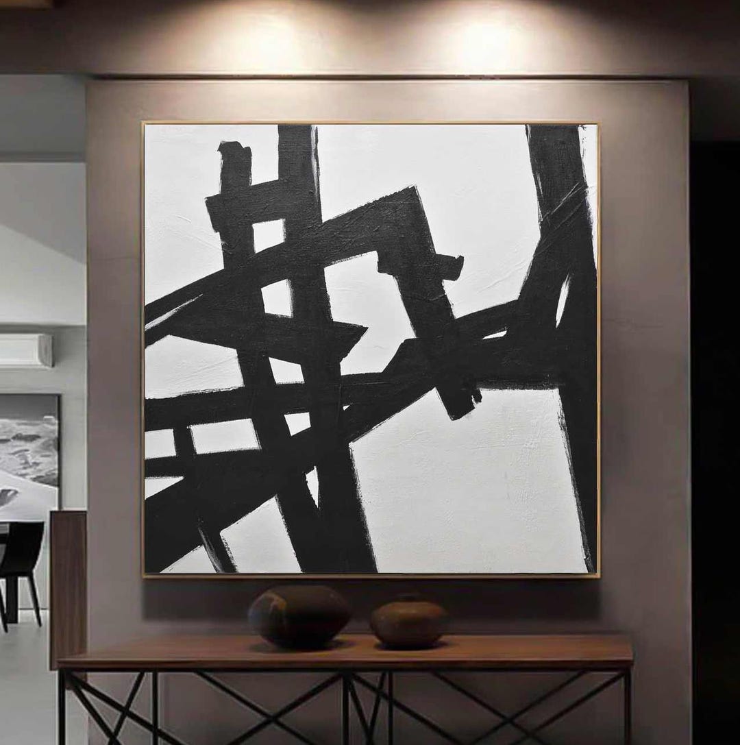 Black and White Abstract Painting on Canvas, Modern Line Art, Kline ...