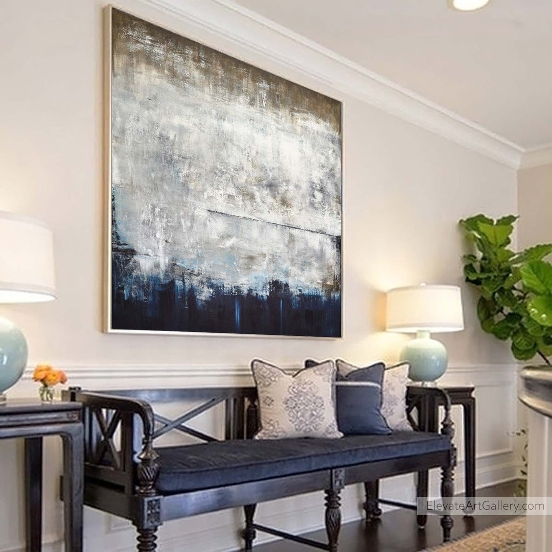 Original Abstract Oil Painting, Blue Brown Gray Wall Art, Handmade Oversized Square Abstract