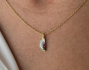 Watermelon Necklace: 14K Gold Plated Sterling Silver, Enamel Fruit Jewelry